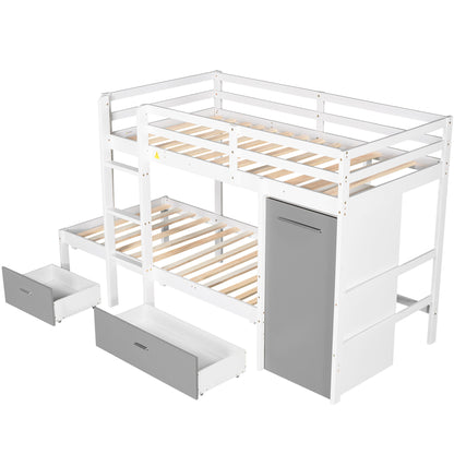 Twin over Twin Bunk Bed with Built-in Storage Wardrobe and Two Drawers, White