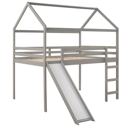 Full Size Loft Bed with Slide, House Bed with Slide,Gray(OLD SKU :WF281161AAE)