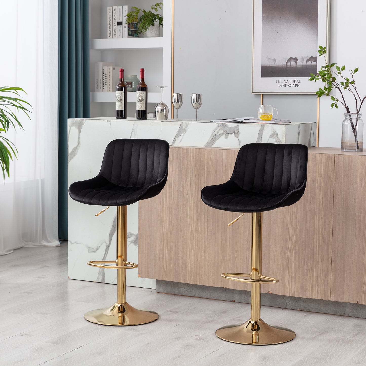 Chrome Footrest and Base Swivel Height Adjustable Mechanical Lifting Velvet + Golden Leg Simple Bar Stool,Set of 2,Black