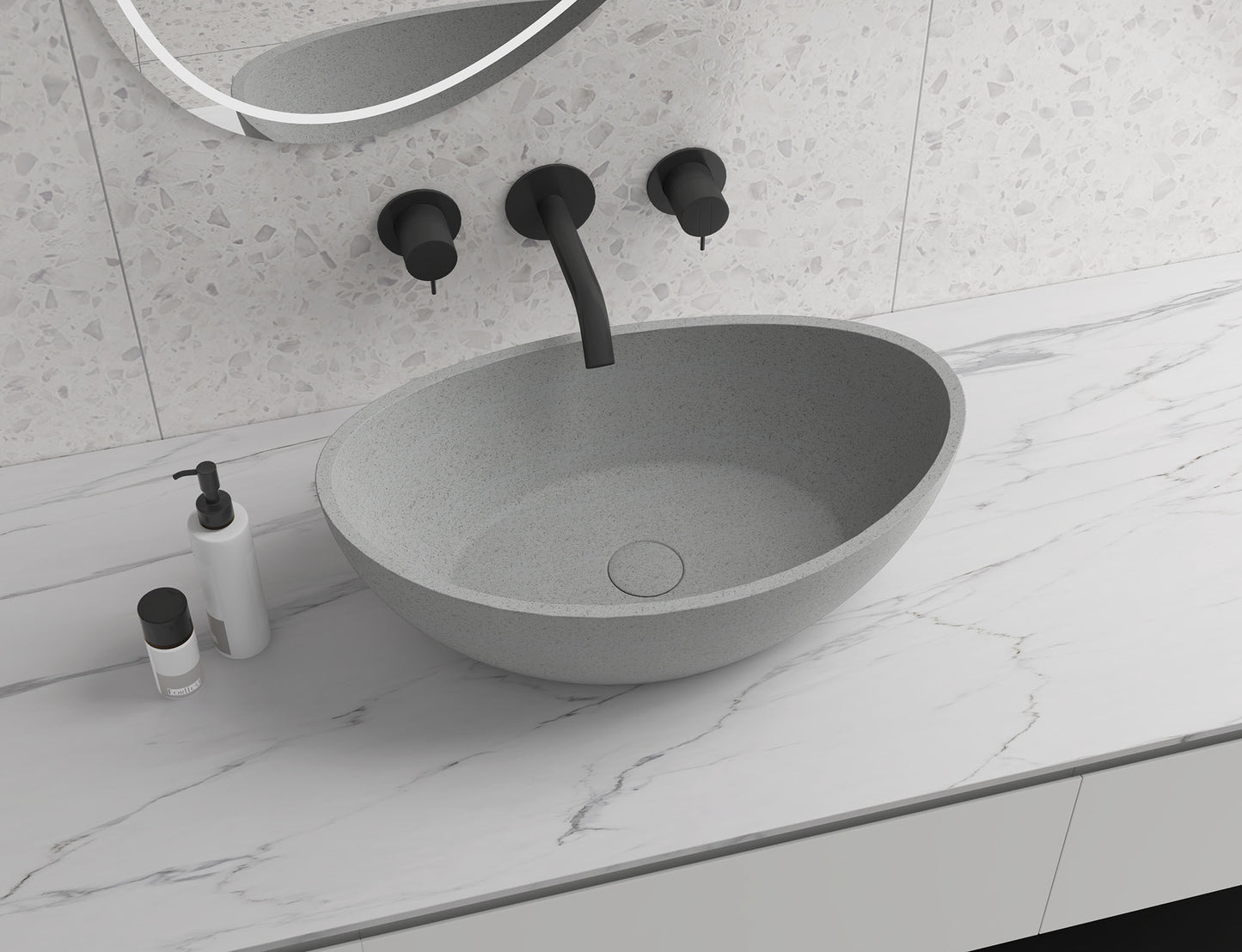 Oval Concrete Vessel Bathroom Sink in Grey without Faucet and Drain