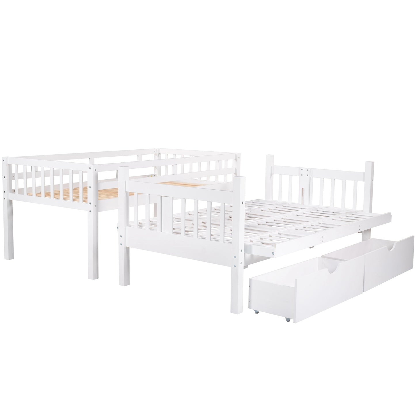 Twin over Full Bunk Bed with Two Drawers and Staircase, Down Bed can be Converted into Daybed,White