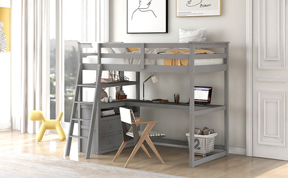 Twin Size Loft Bed with Desk and Shelves, Two Built-in Drawers, Gray(old SKU: GX000803AAE-1）