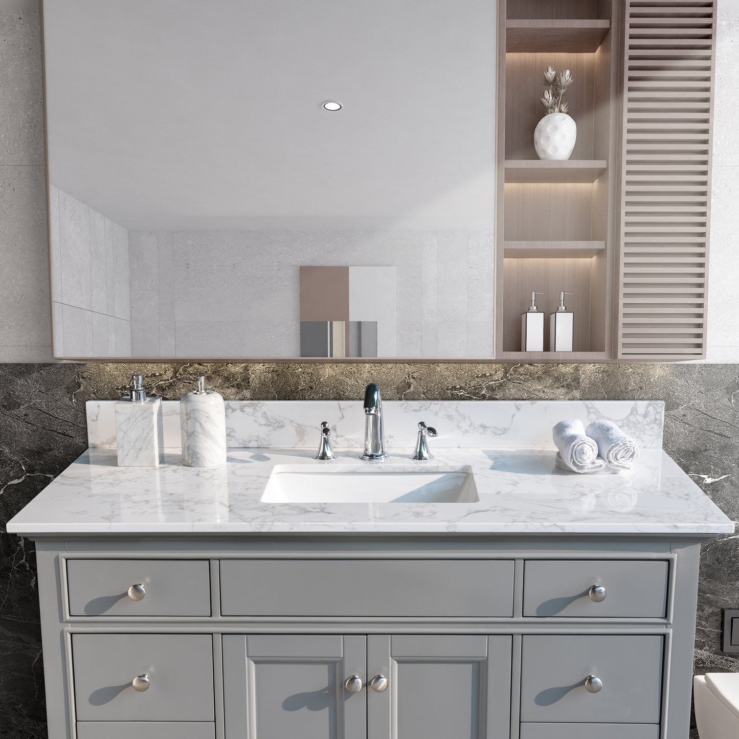 Montary 49‘’x22" bathroom stone vanity top  engineered stone carrara white marble color with rectangle undermount ceramic sink and 3 faucet hole with back splash .