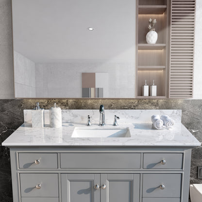 Montary 49‘’x22" bathroom stone vanity top  engineered stone carrara white marble color with rectangle undermount ceramic sink and 3 faucet hole with back splash .
