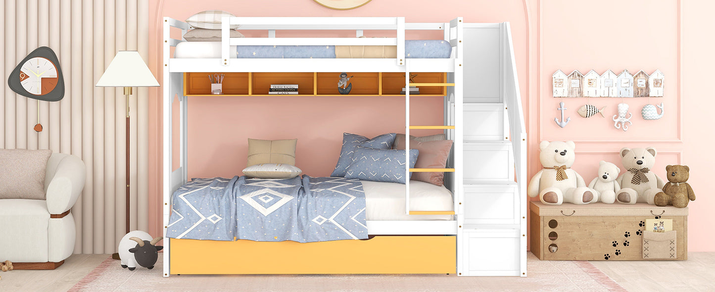 Twin Over Twin Bunk Bed with Trundle ,Stairs,Ladders Solid Wood Bunk bed with Storage Cabinet （White + Yellow）