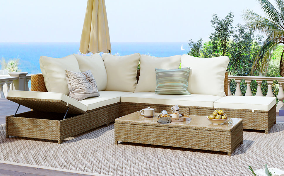 TOPMAX Patio 3-Piece Rattan Sofa Set All Weather PE Wicker Sectional Set with Adjustable Chaise Lounge Frame and Tempered Glass Table, Natural Brown+ Beige Cushion