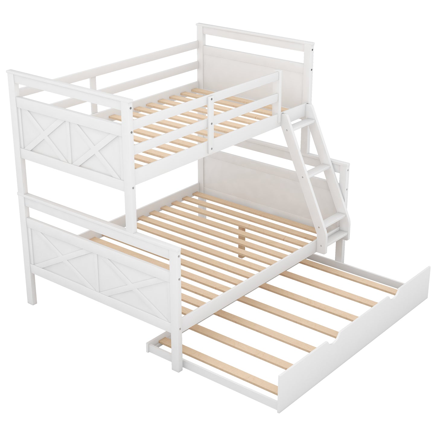 Twin over Full Bunk Bed with Ladder, Twin Size Trundle, Safety Guardrail, White