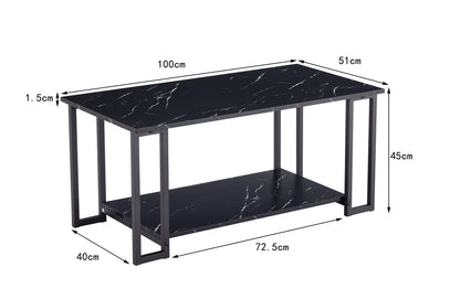 D&N Coffee Table, 2 Layers 1.5cm Thick Marble MDF Rectangle 39.37" L Tabletop Iron Coffee Table , Dining Room, black Top, black Leg
