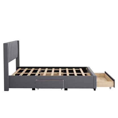 Full Size Upholstered Platform Bed with One Large Drawer in the Footboard and Drawer on Each Side,Gray