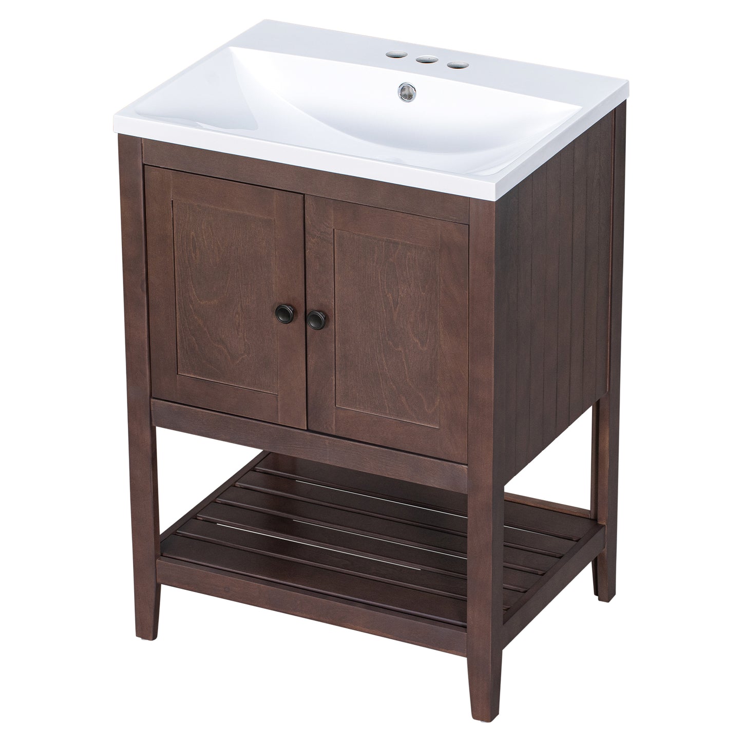 [VIDEO] 24" Brown Modern Sleek Bathroom Vanity Elegant Ceramic Sink with Solid Wood Frame Open Style Shelf