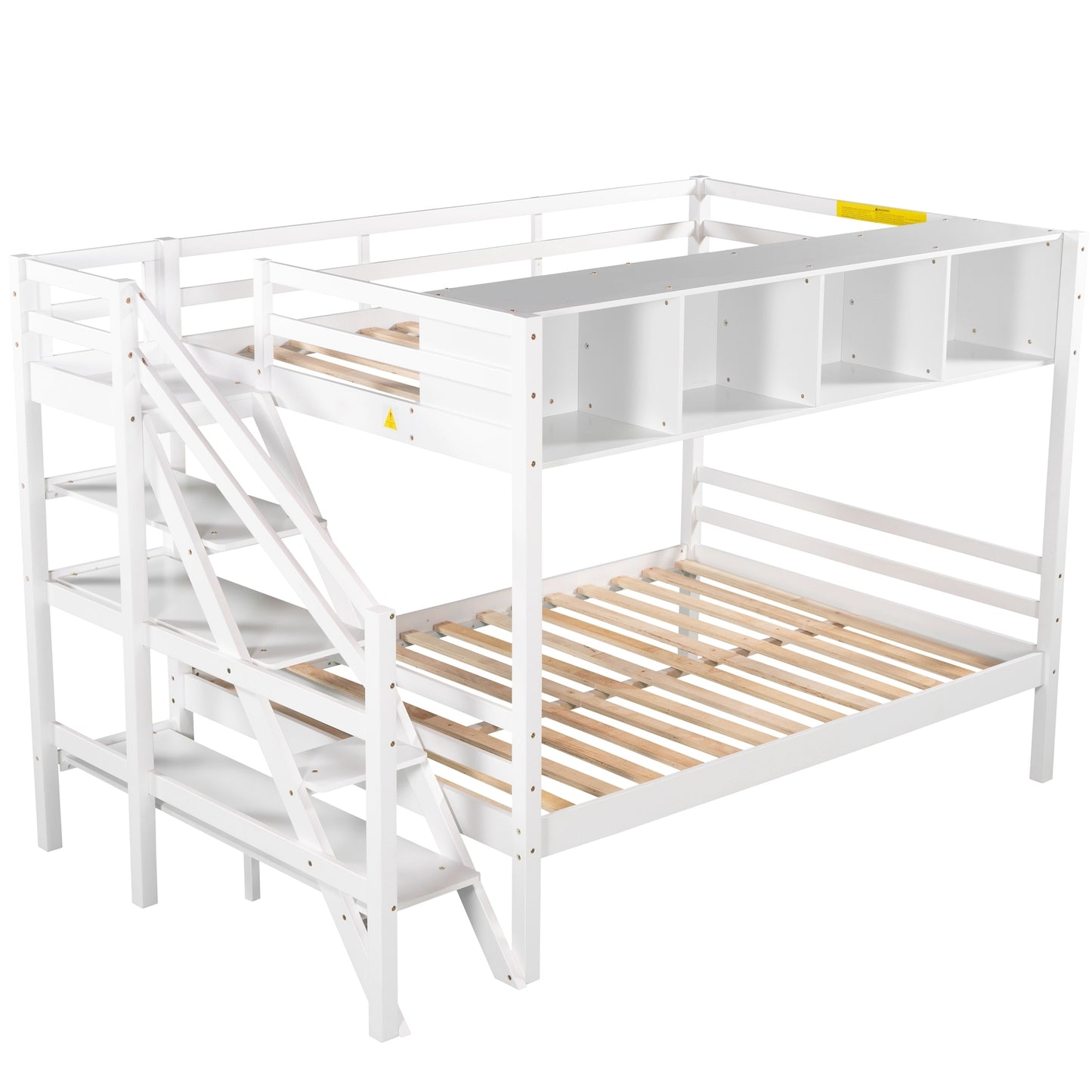 Twin over Full Bunk Bed with Staircase and Built-in Storage Cabinets,White