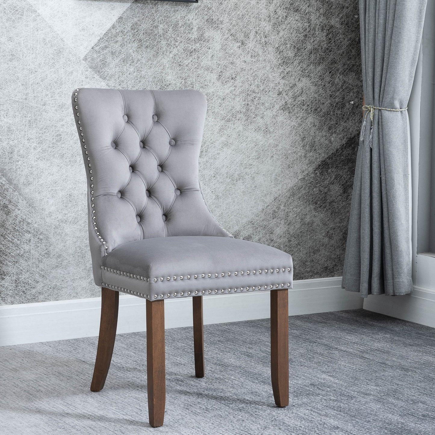 Upholstered Button Tufted Back Gray Velvet Dining Chair with Nailhead Trim and Solid Wood Legs 2 Sets