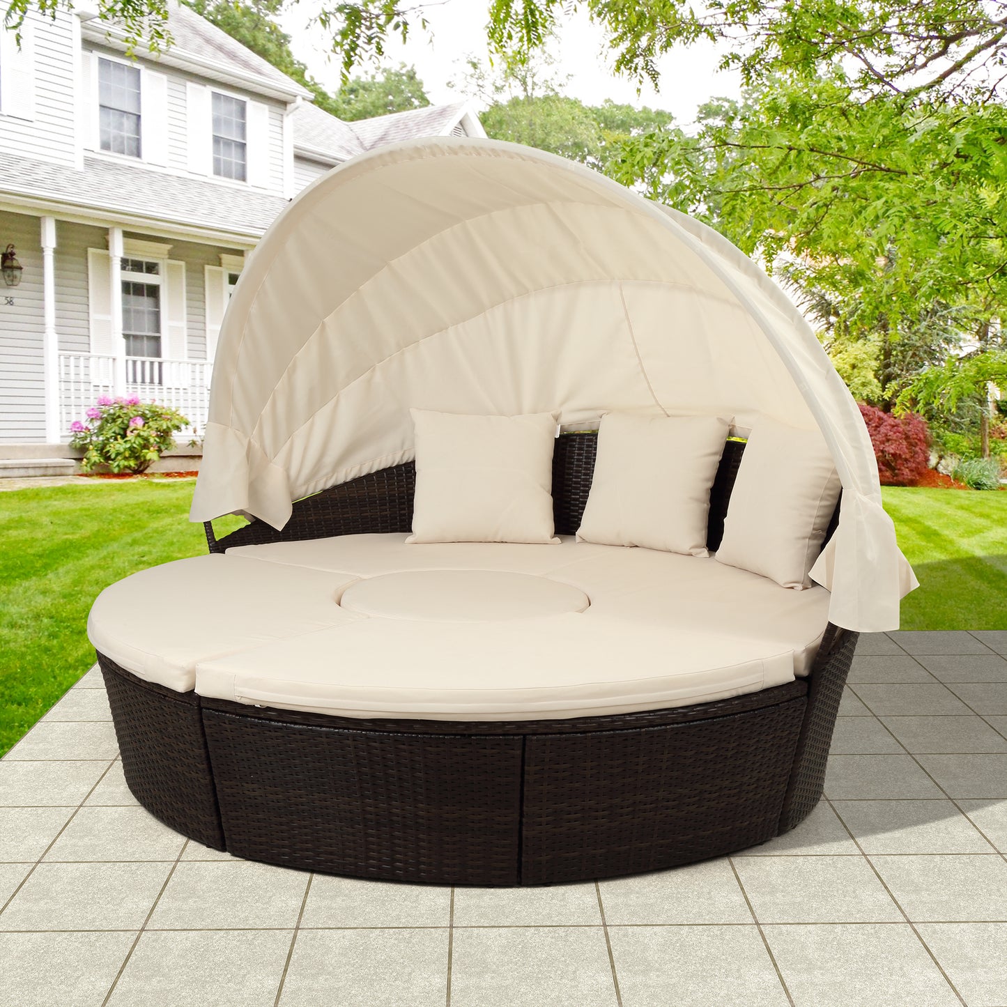 TOPMAX Patio Furniture Round Outdoor Sectional Sofa Set Rattan Daybed Sunbed with Retractable Canopy, Separate Seating and Removable Cushion (Beige)