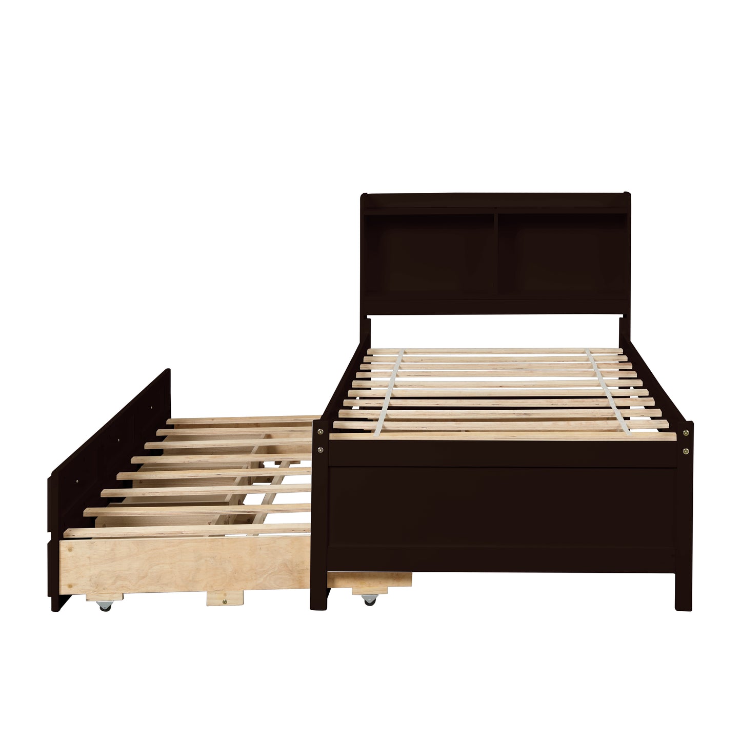 Twin Bed with Bookcase,Twin Trundle,Drawers,Espresso