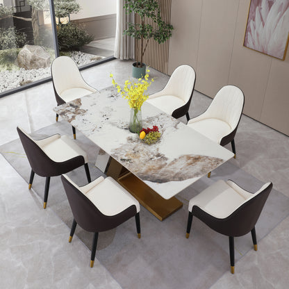 71" Contemporary Dining Table Sintered Stone Z shape Pedestal Base in Gold finish with 6 pcs Chairs .