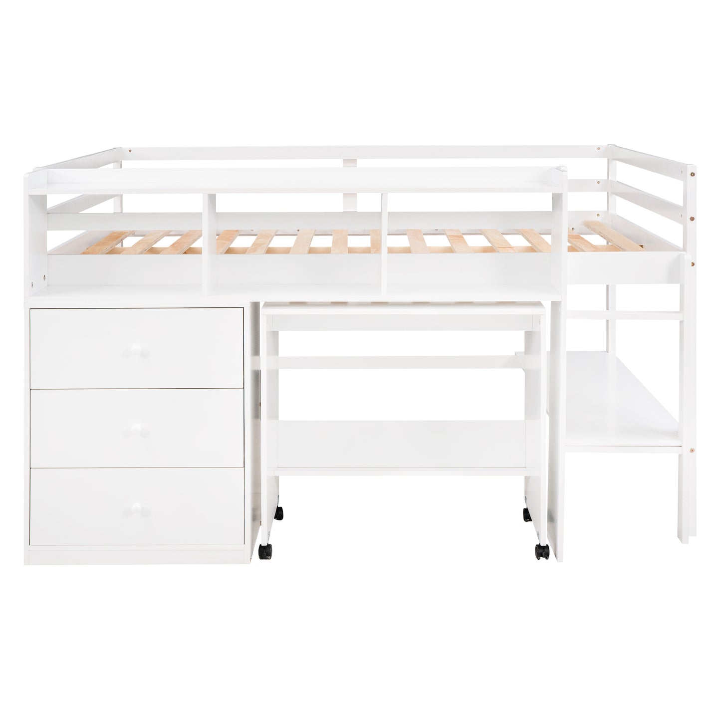 Full Size Low Loft Bed with Rolling Portable Desk, Drawers and Shelves,  White