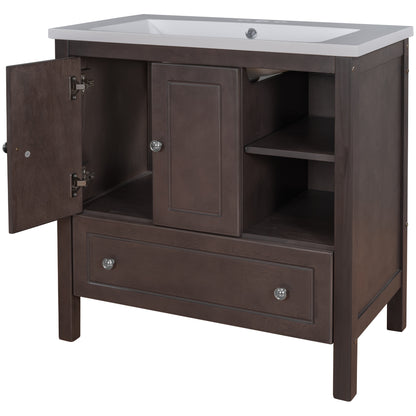 [VIDEO] 30" Bathroom Vanity with Sink, Bathroom Storage Cabinet with Doors and Drawers, Solid Wood Frame, Ceramic Sink, Brown