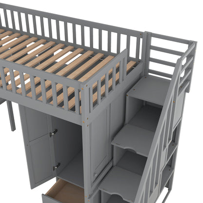 Twin size Loft Bed with Bookshelf,Drawers,Desk,and Wardrobe-Gray