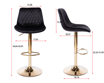 Set of 2  Bar Stools,with Chrome Footrest and Base Swivel Height Adjustable Mechanical Lifting Velvet + Golden Leg Simple Bar Stool-black