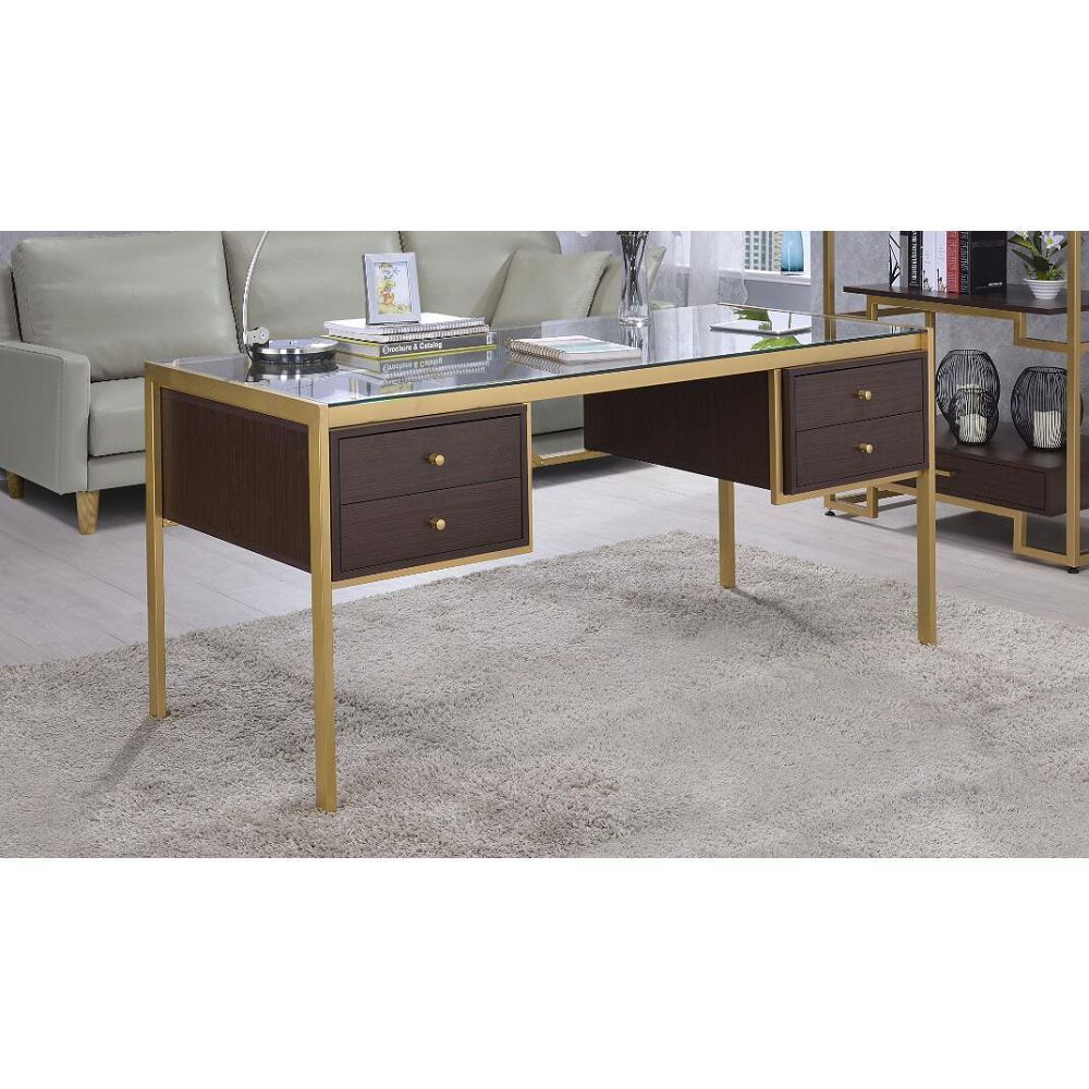 ACME Yumia Desk in Gold & Clear Glass 92785