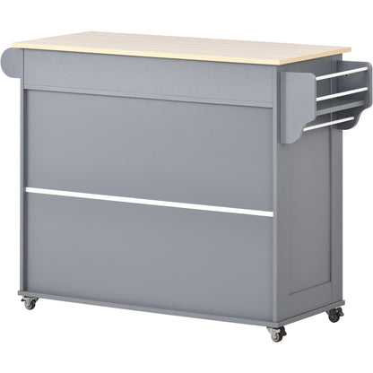 K&K Store Kitchen Island Cart with Two Storage Cabinets and Four Locking Wheels，Wine Rack, Two Drawers,Spice Rack, Towel Rack （Grey Blue）