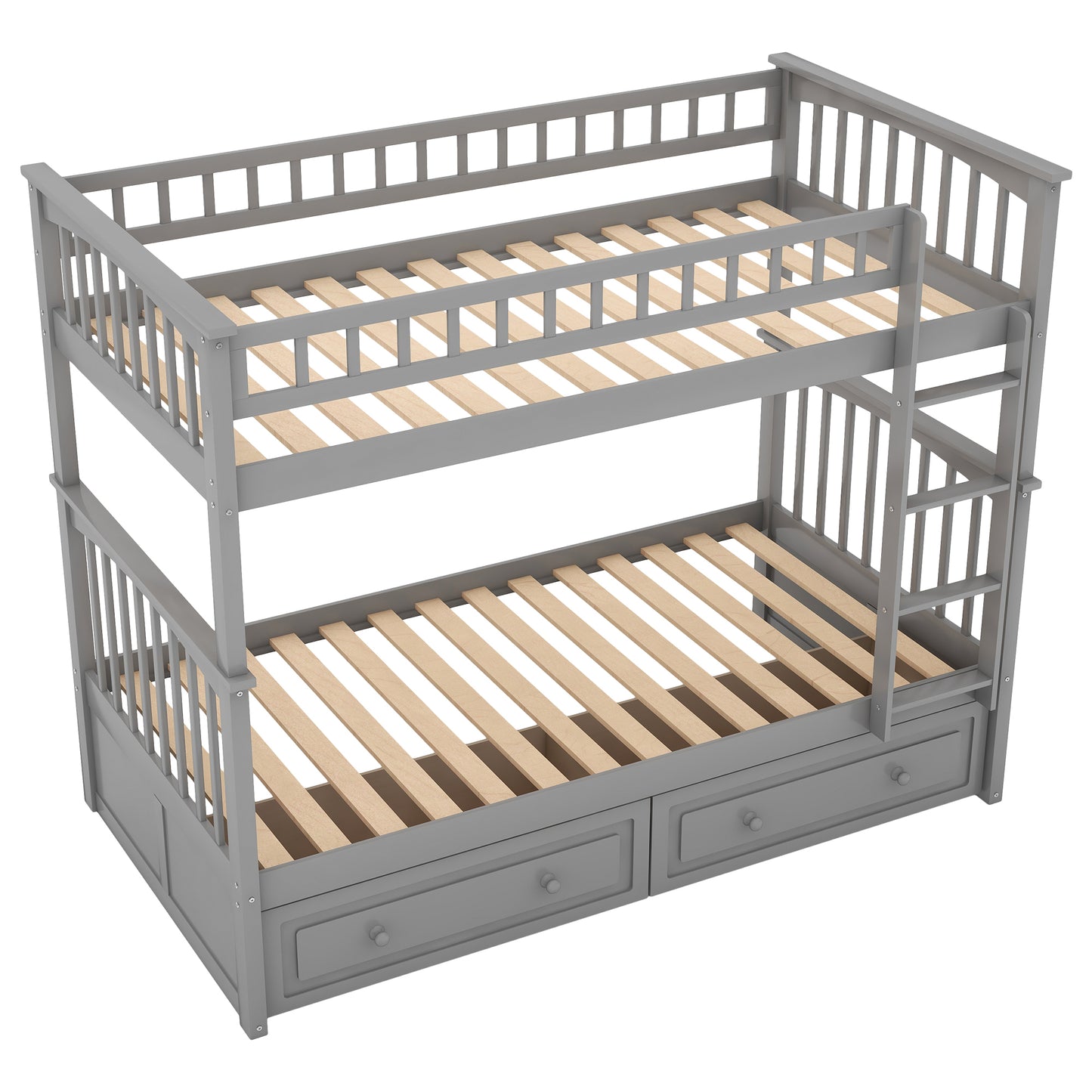 Twin over Twin Bunk Bed with Drawers, Convertible Beds, Gray