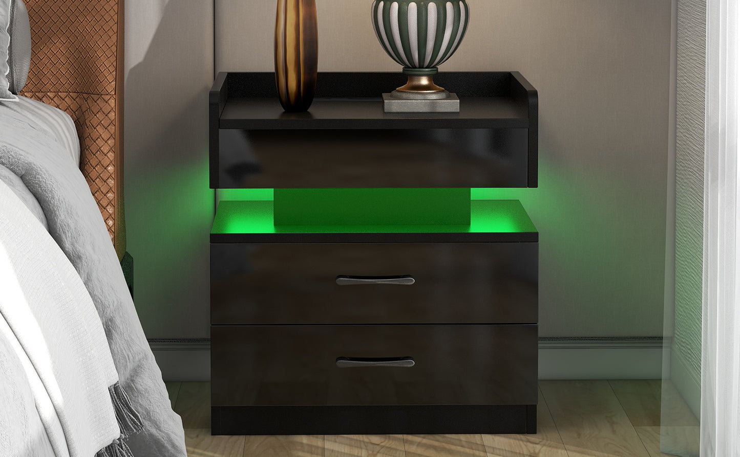 Nightstand with 2 Drawers,USB Charging Ports, Wireless Charging and Remote Control LED Light-Black