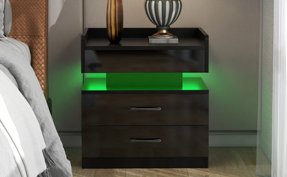 Nightstand with 2 Drawers,USB Charging Ports, Wireless Charging and Remote Control LED Light-Black