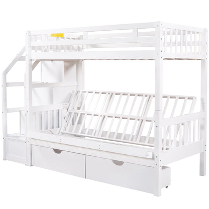 Twin over Full Bunk Bed with Two Drawers and Staircase, Down Bed can be Converted into Daybed,White