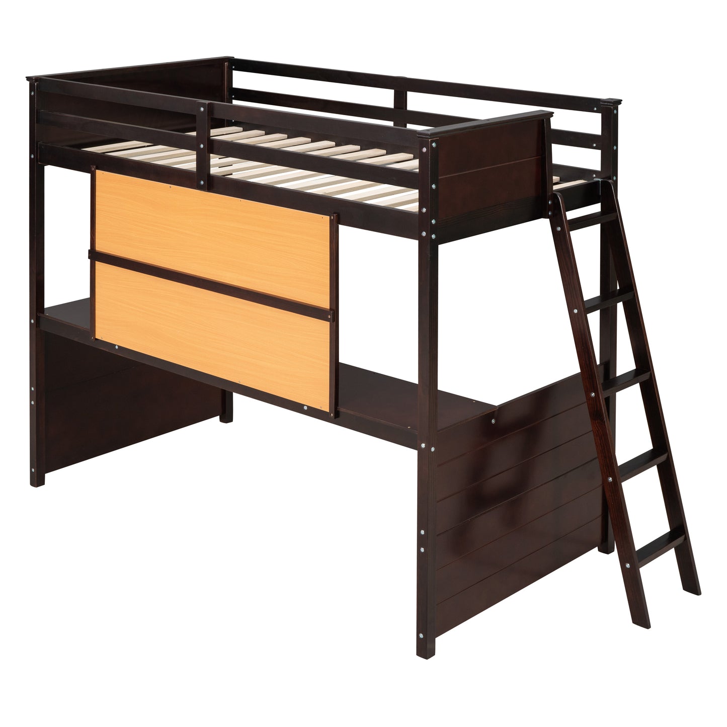 Twin size Loft Bed with Desk and Writing Board, Wooden Loft Bed with Desk - Espresso