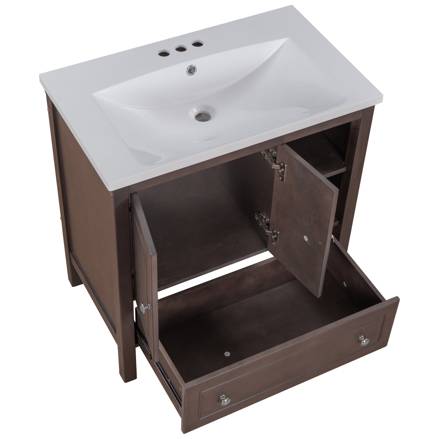 [VIDEO] 30" Bathroom Vanity with Sink, Bathroom Storage Cabinet with Doors and Drawers, Solid Wood Frame, Ceramic Sink, Brown