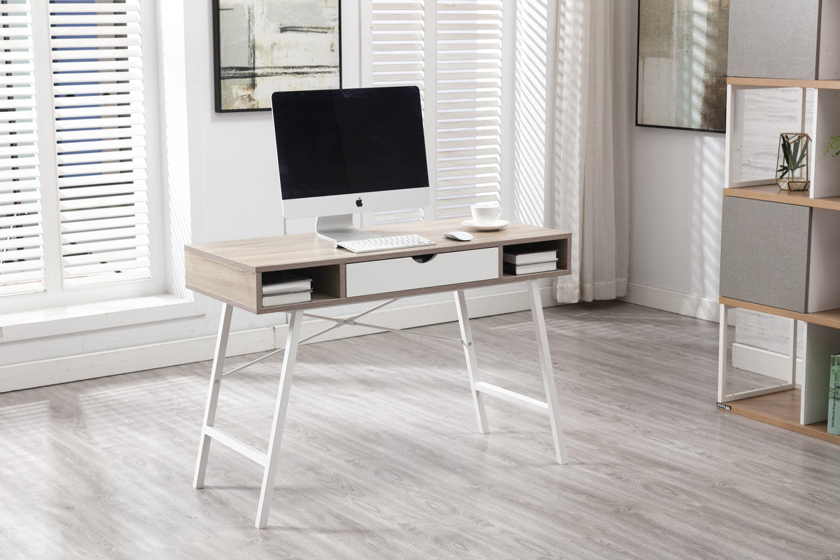 Julia Light Brown Oak and White Desk with Drawer and 2 Compartments