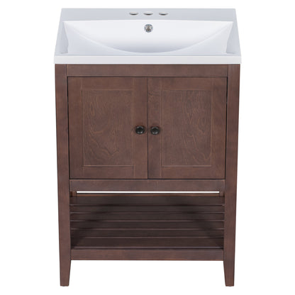 [VIDEO] 24" Brown Modern Sleek Bathroom Vanity Elegant Ceramic Sink with Solid Wood Frame Open Style Shelf