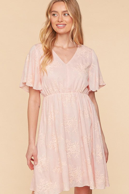 CRINKLE EMBROIDERED FLARE WOVEN DRESS