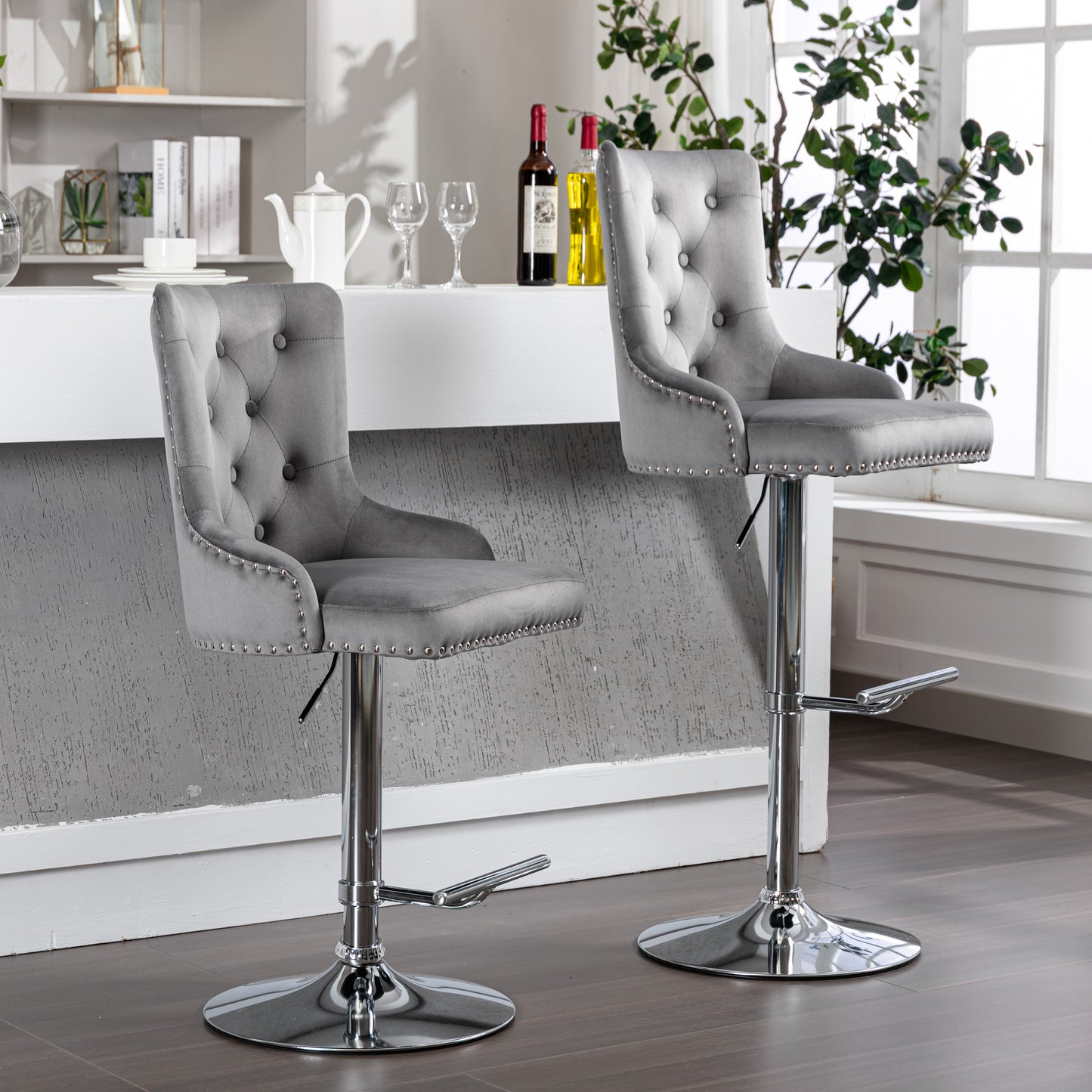 Swivel Velvet Barstools Adjusatble Seat Height , Modern Upholstered Bar Stools with Backs Comfortable Tufted for Home Pub and Kitchen Island（Gray,Set of 2）