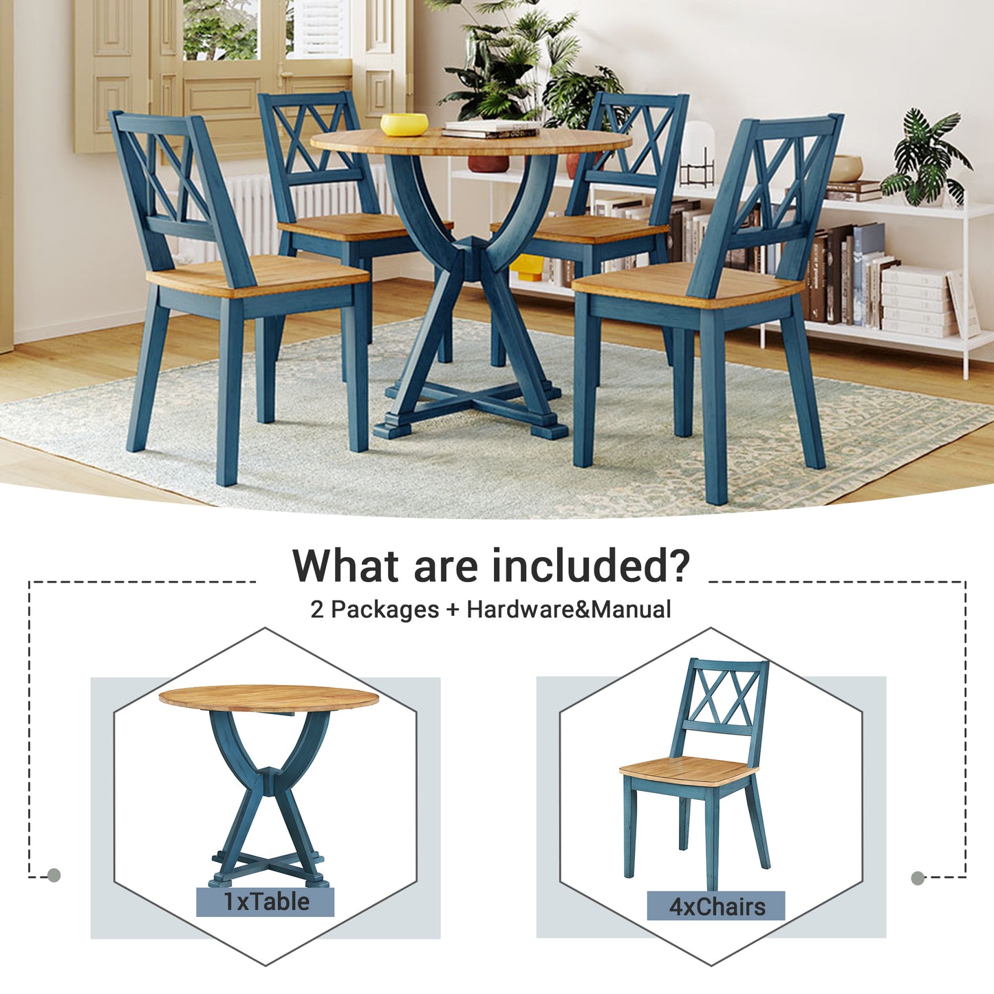 TOPMAX Mid-Century 5-Piece Round Dining Table Set with Trestle Legs and 4 Cross Back Dining Chairs, Antique Oak+Antique Blue