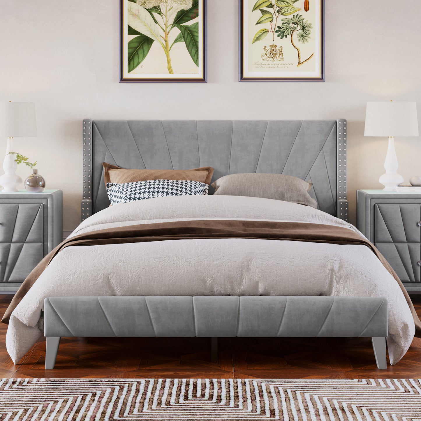 Contemporary Velvet Upholstered Bed Frame with Channel Tufting and Nailhead Trim, No Box Spring Needed, Queen, Gray