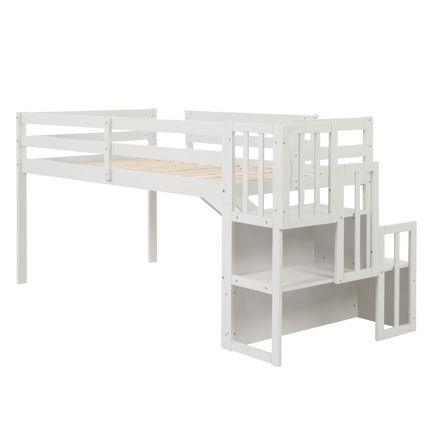 Loft Bed with Staircase, Storage, Slide, Twin size, Full-length Safety Guardrails, No Box Spring Needed, White \\\\n(Old Sku:W504S00004)