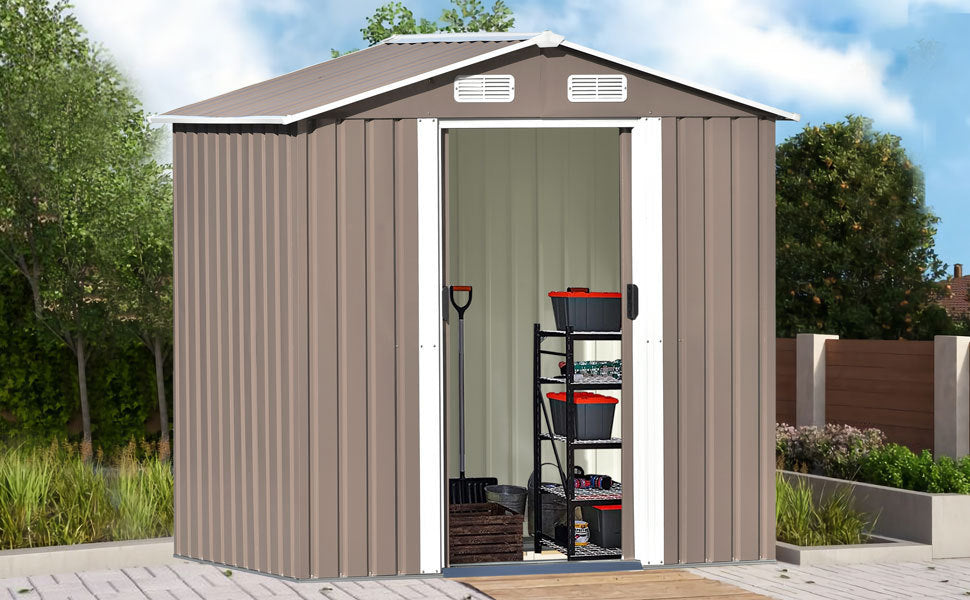 TOPMAX Patio 6ft x4ft Bike Shed Garden Shed, Metal Storage Shed with Lockable Door, Tool Cabinet with Vents and Foundation for Backyard, Lawn, Garden, Brown