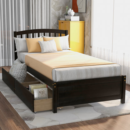 Twin Platform Storage Bed Wood Bed Frame with Two Drawers and Headboard, Espresso（Previous SKU: SF000062PAA）