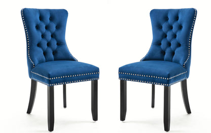 Upholstered Button Tufted Back Blue Velvet Dining Chair with Nailhead Trim and Solid Wood Legs 2 Sets