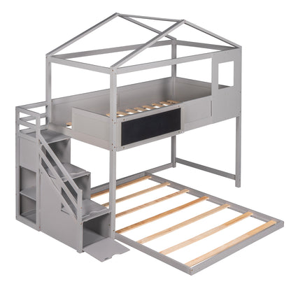 Twin over Full House Bunk Bed with Storage Staircase and Blackboard,Grey