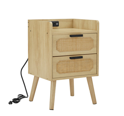 JHX Rattan nightstand with socket side table natural handmade rattan（2PC,Natural ,15.55’’W*13.78’’D*23.82’’H）