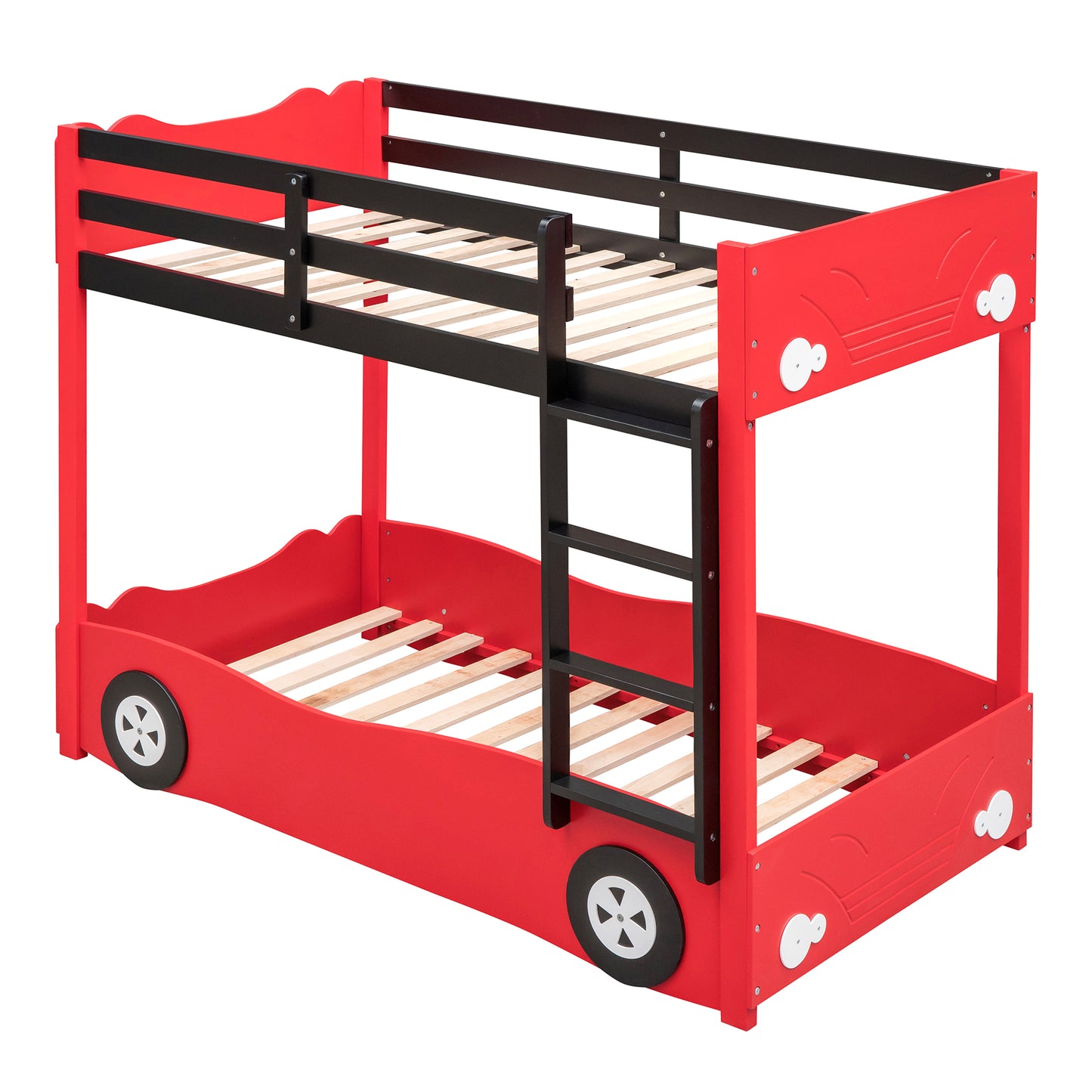 Twin Size Car-Shaped Bunk Bed with Wheels, Red