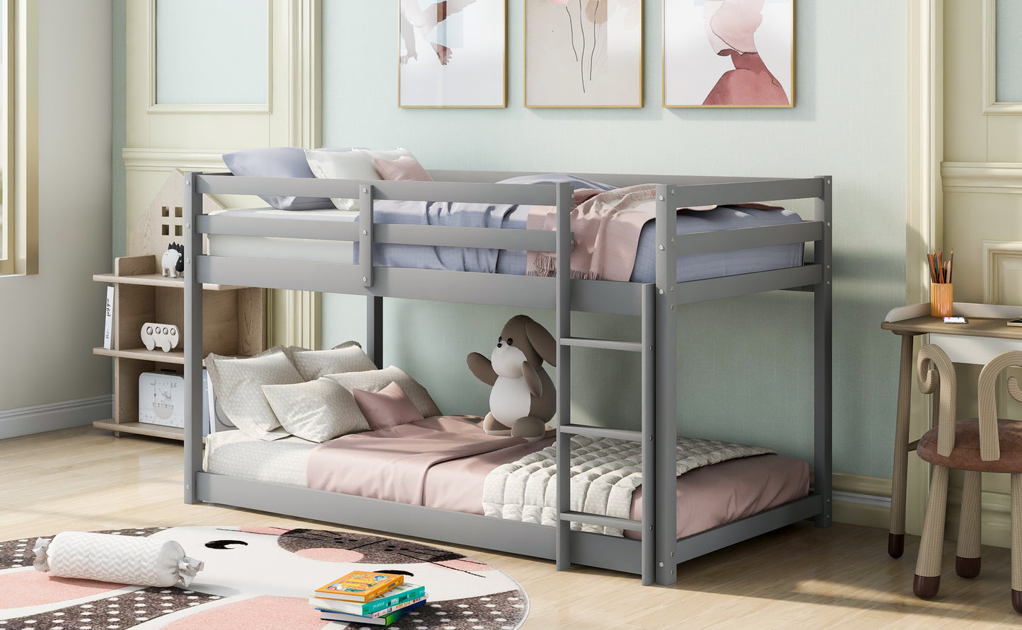 Twin over Twin Floor Bunk Bed with Ladder , White(Old SKU:WF281727AAE/WF286602AAE)