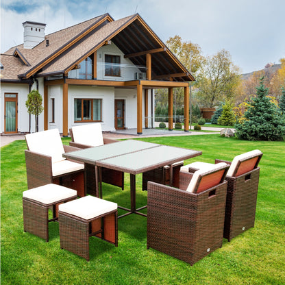 9 Pieces Patio Dining Sets Outdoor Space Saving Rattan Chairs with Glass Table Patio Furniture Sets Cushioned Seating and Back Sectional Conversation Set