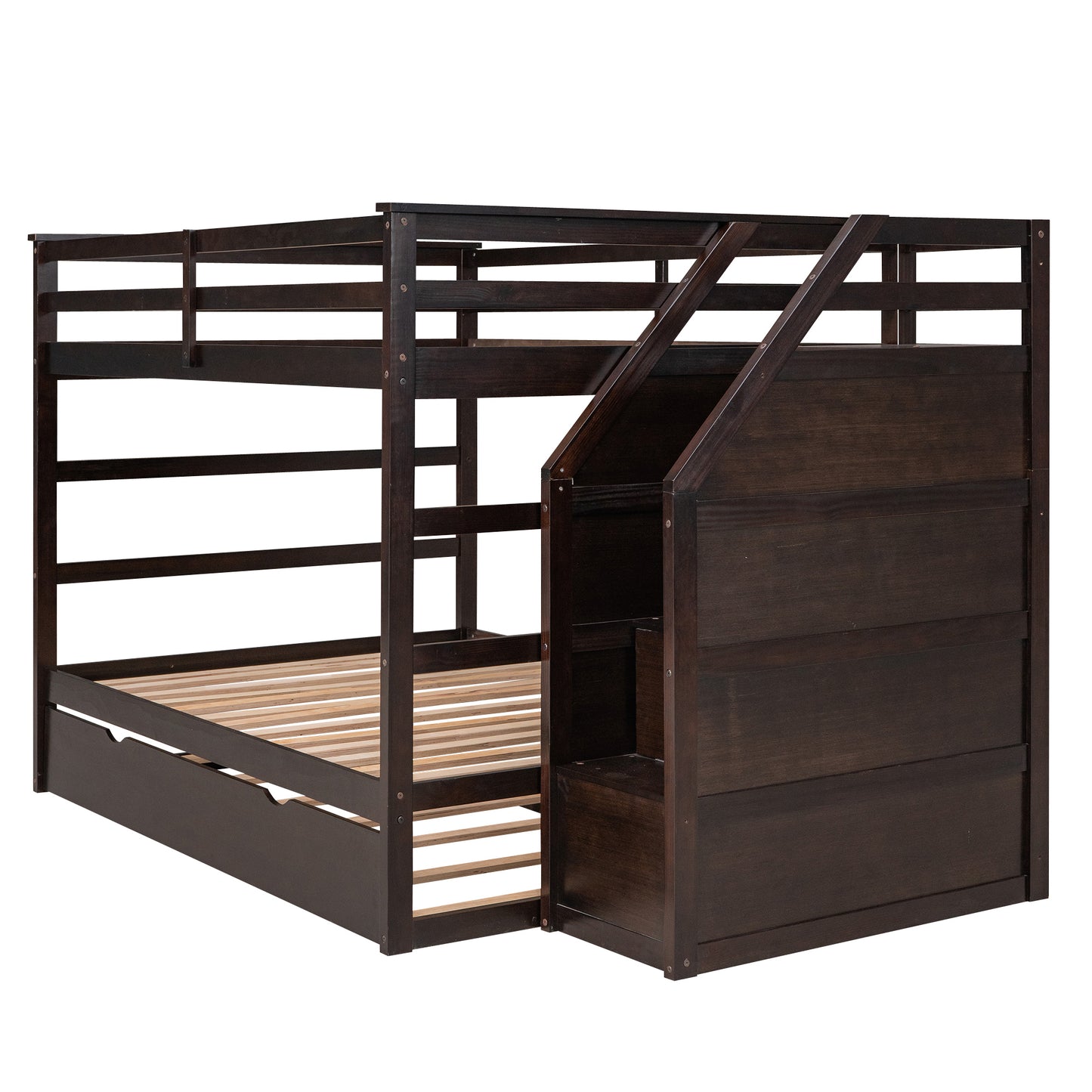 Full-over-Full Bunk Bed with Twin Size Trundle and 3 Storage Stairs,Espresso