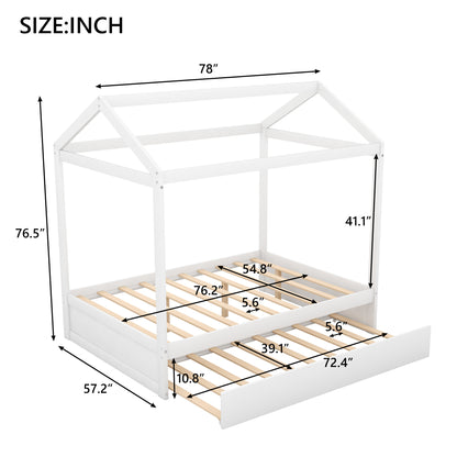 Full Size House Bed with Trundle,Support Legs,White