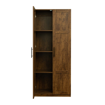 High wardrobe and kitchen cabinet with 2 doors and 3 partitions to separate 4 storage spaces, walnut