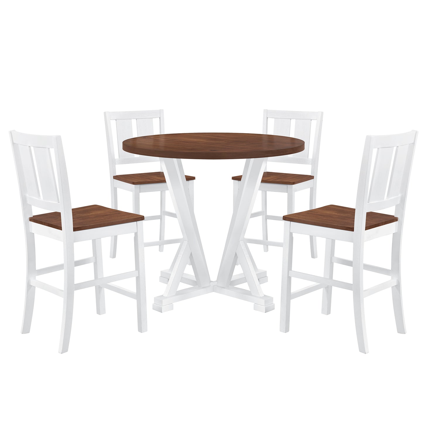 TOPMAX Rustic Farmhouse 5-Piece Counter Height Dining Table Set, Round Kitchen set with 4 Dining Chairs and Thick Tabletop, Brown